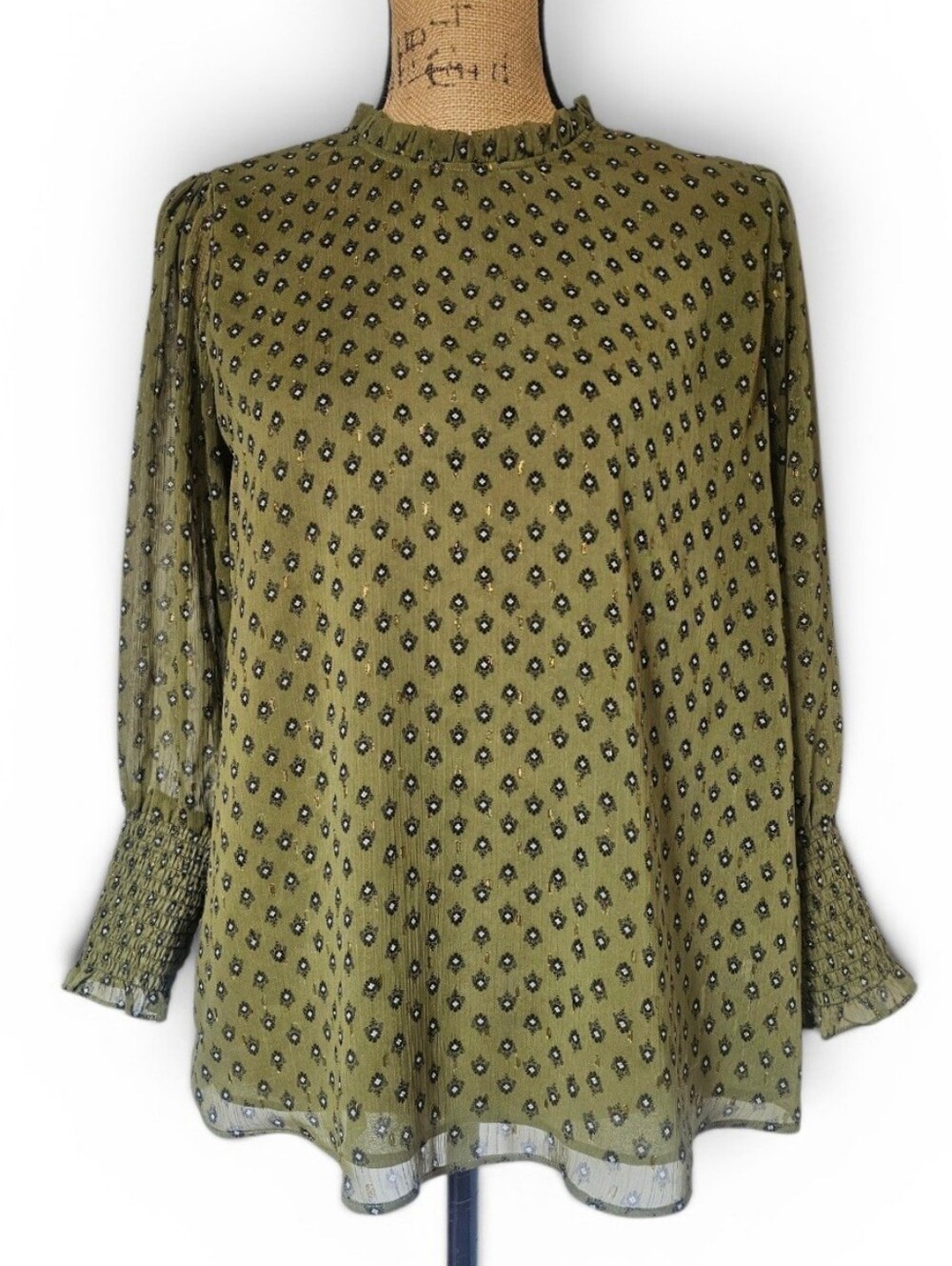 Anthropologie Maison D'Amelie Paris Green Floral Metallic Blouse Boho, Size M